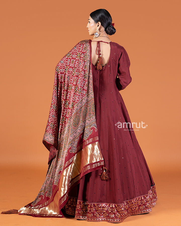 Red Gown Featuring Sequin Buti Embellishments with Printed Dupatta