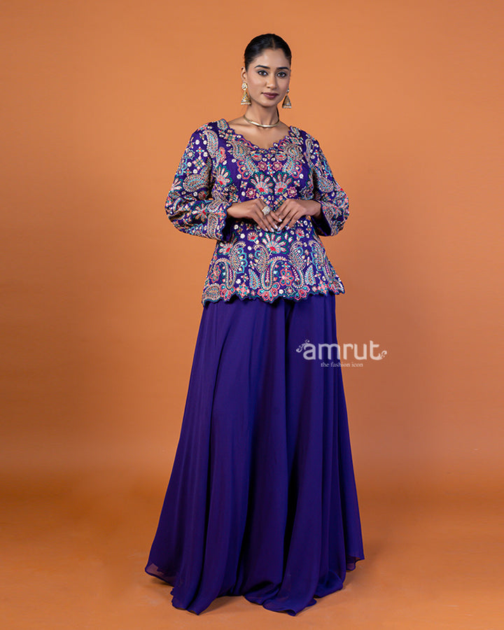 Violet Embroidered Plum Top with Flowing Sharara Pants