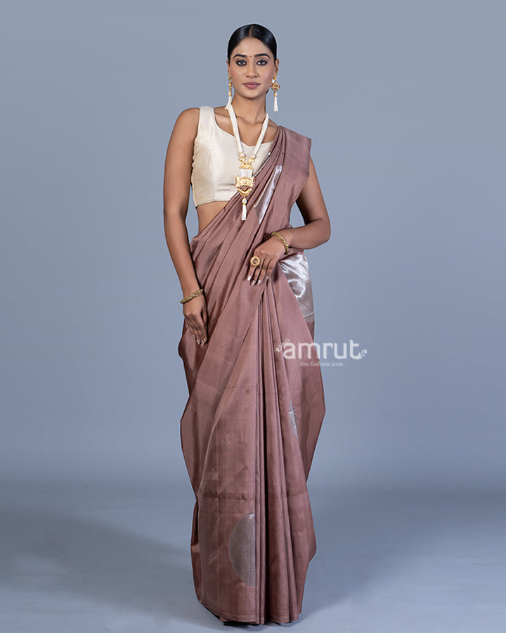 Dark Mauve Saree with Silver Zari Woven Detailing with Unstitched Blouse