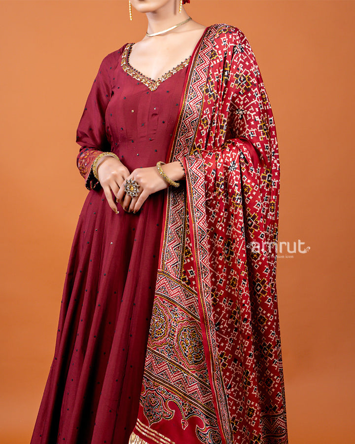 Rosy Red Gown Featuring Sequin Buti Embellishments and Printed Dupatta