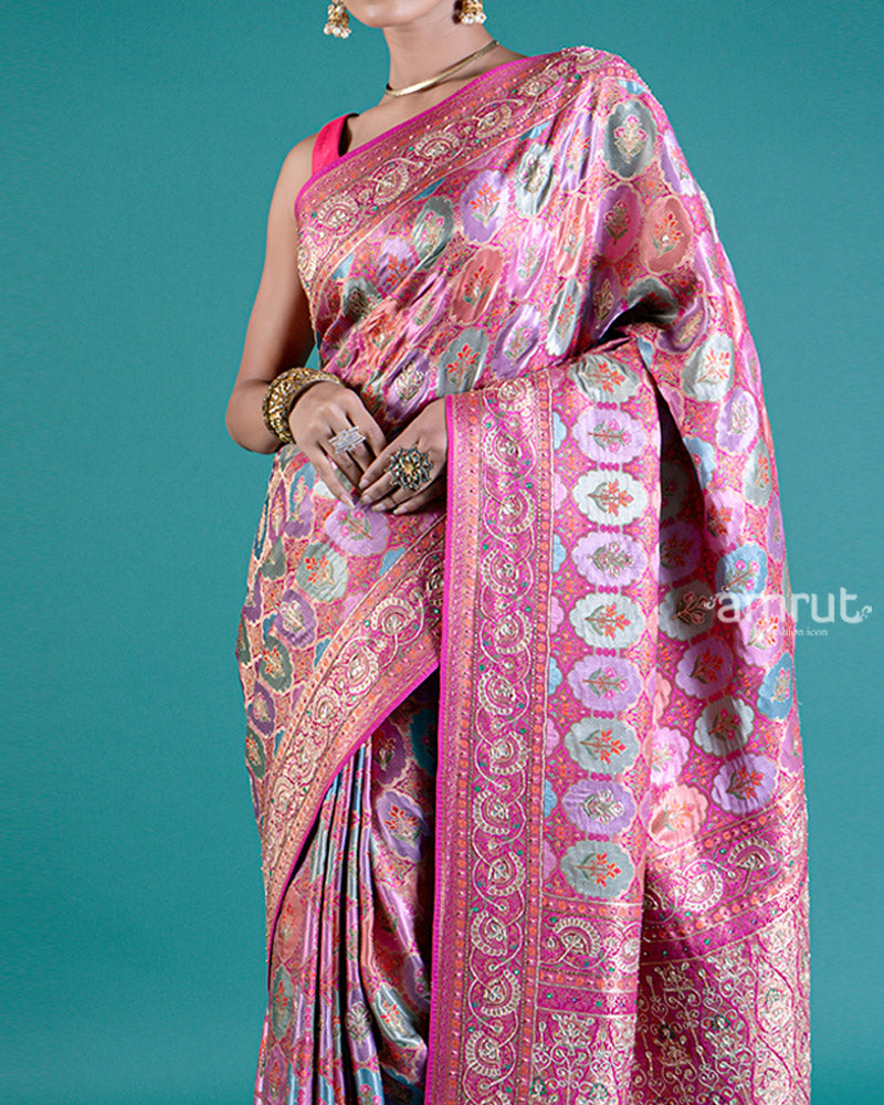 Pink Brocade Silk Saree with Heritage Woven Design and Unstitched Blouse