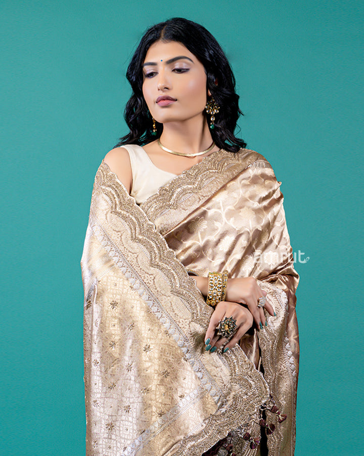 Gold-Beige and Bronze-Brown Ombre Saree with Unstitched Blouse