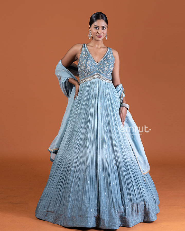 Ombre Grey Gown with Embellished Bodice and Dupatta