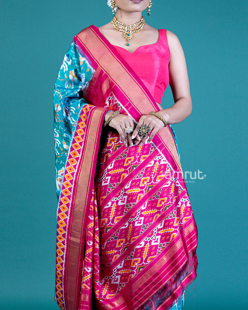 Turquoise Blue Patola Silk Saree with Contrast Pink Border and Pallu, with Unstitched