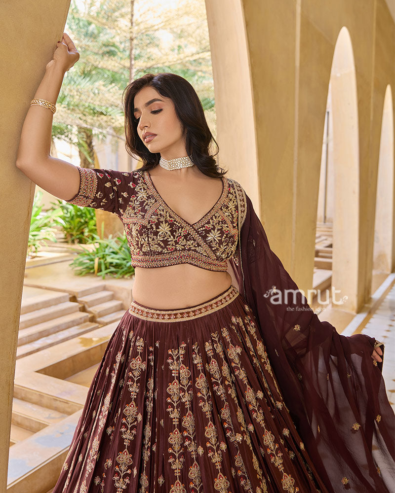 Maroon Golden Detailing Embroidered Lehenga Choli with Matching Dupatta