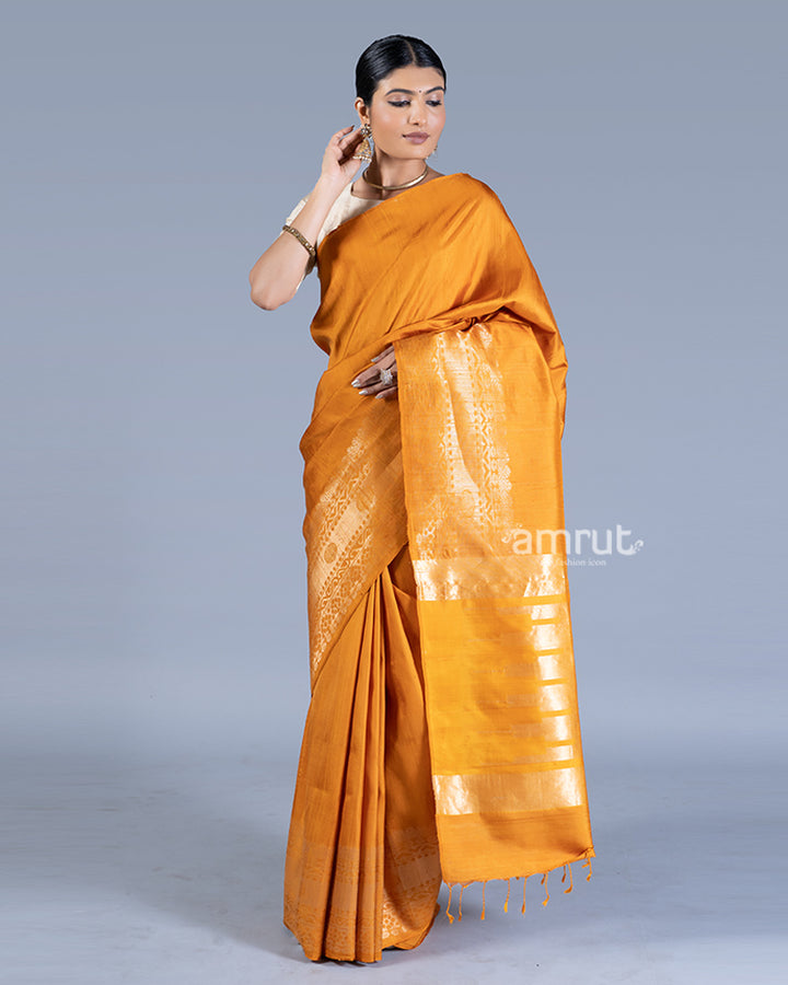 Mustard-Orange with Golden Zari Borders Silk Saree with unstitched blouse