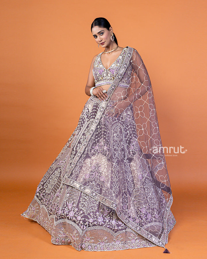 Mauve-Purple Embellished Lehenga Choli with Intricate Embroidery and Dupatta