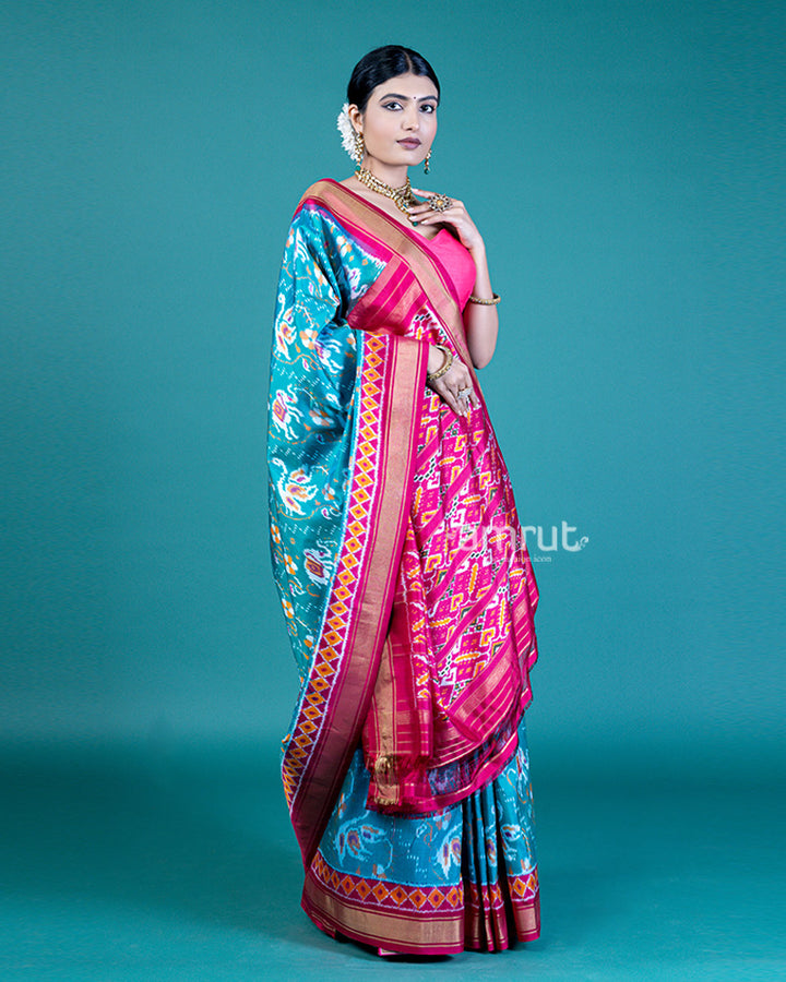 Turquoise Blue Patola Silk Saree with Contrast Pink Border and Pallu, with Unstitched