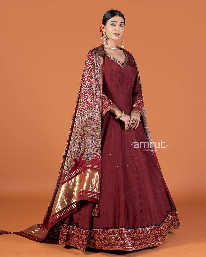 Red Gown Featuring Sequin Buti Embellishments with Printed Dupatta