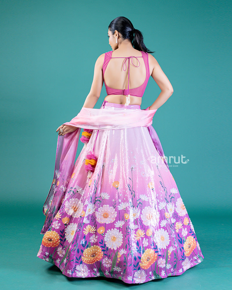 Floral Sequin Embellished Pinkish-Purple Lehenga Choli And Dupatta