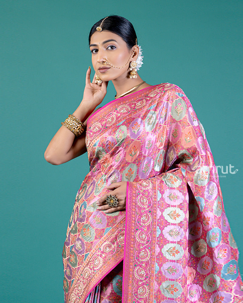 Pink Brocade Silk Saree with Heritage Woven Design and Unstitched Blouse