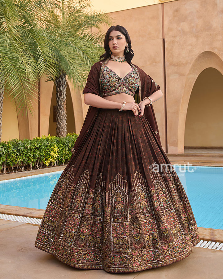 Brown Pleated Lehenga Choli with Intricate Embroidery and Matching Dupatta