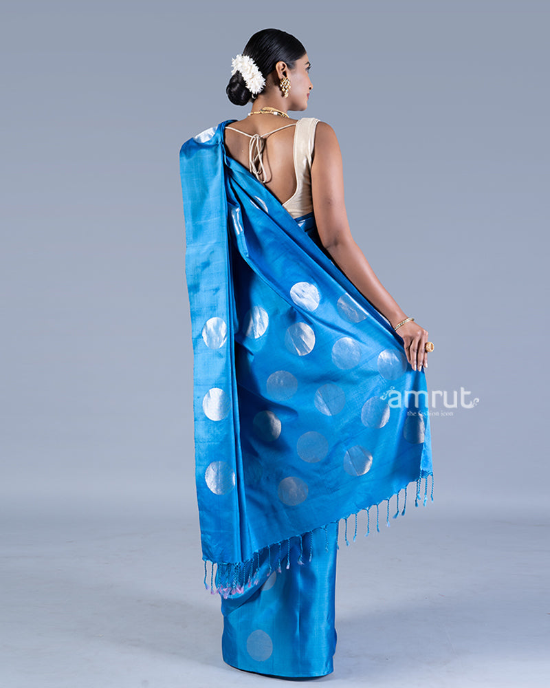 Blue Silver Zari Woven Round Motifs Saree with unstitched blouse