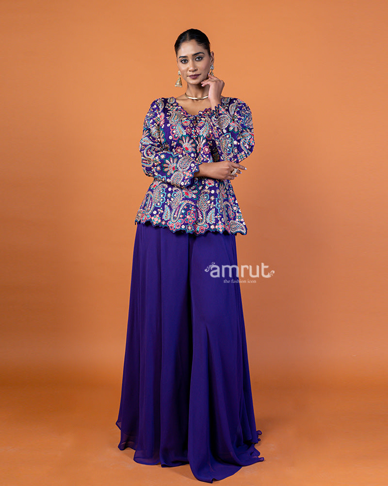 Violet Embroidered Plum Top with Flowing Sharara Pants