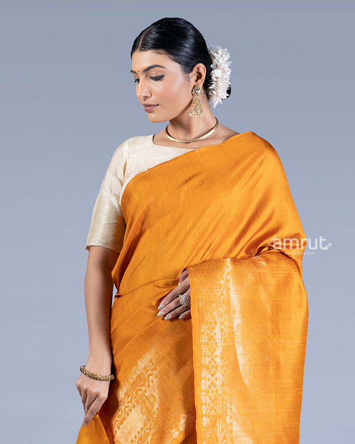 Mustard-Orange with Golden Zari Borders Silk Saree with unstitched blouse