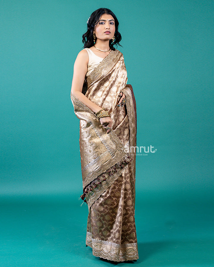 Gold-Beige and Bronze-Brown Ombre Saree with Unstitched Blouse