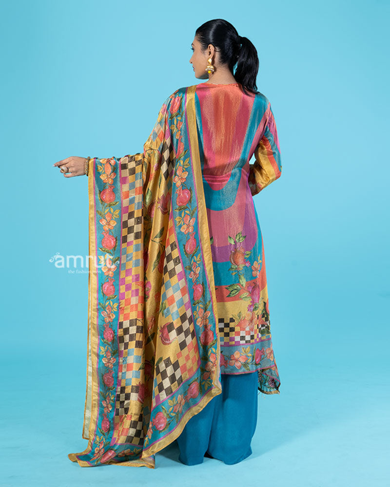 Vibrant Teal, Pink, and Orange Salwar Kameez with Mustard Yellow Floral Dupatta