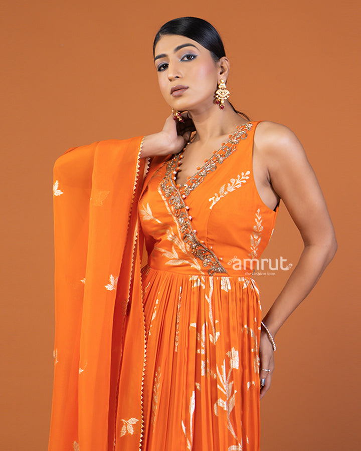 Orange Embellished Anarkali Dress with Dupatta