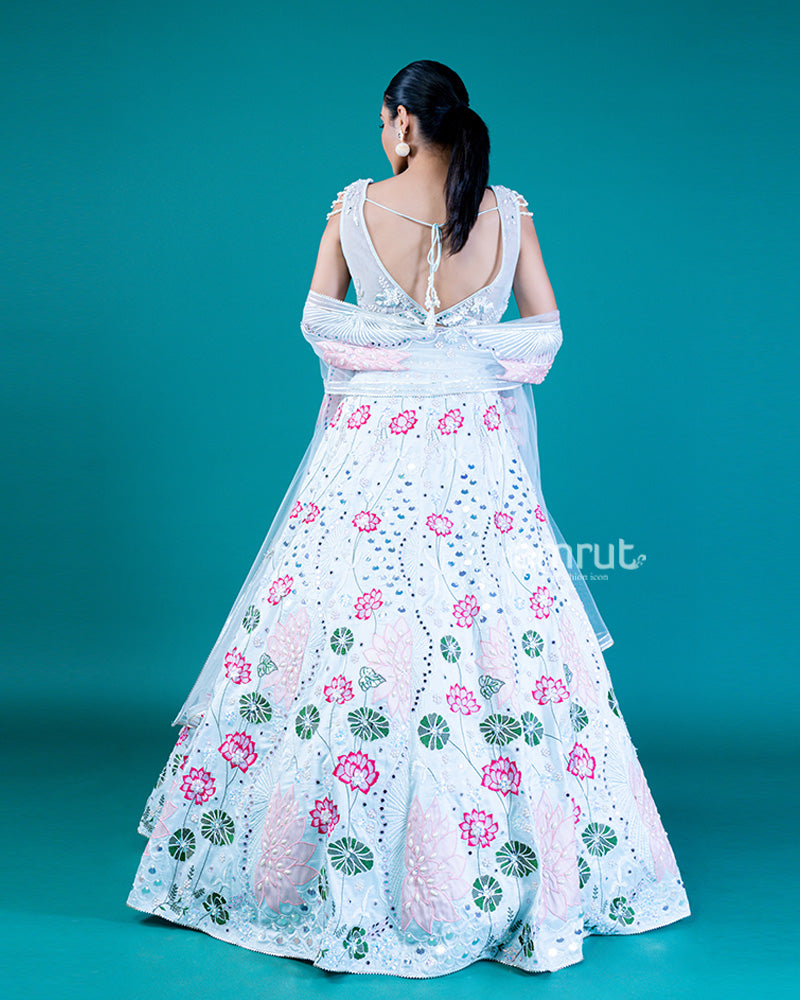 Embroidered White Lehenga with Lotus Design, Sweetheart Neckline Choli, and Sheer Dupatta