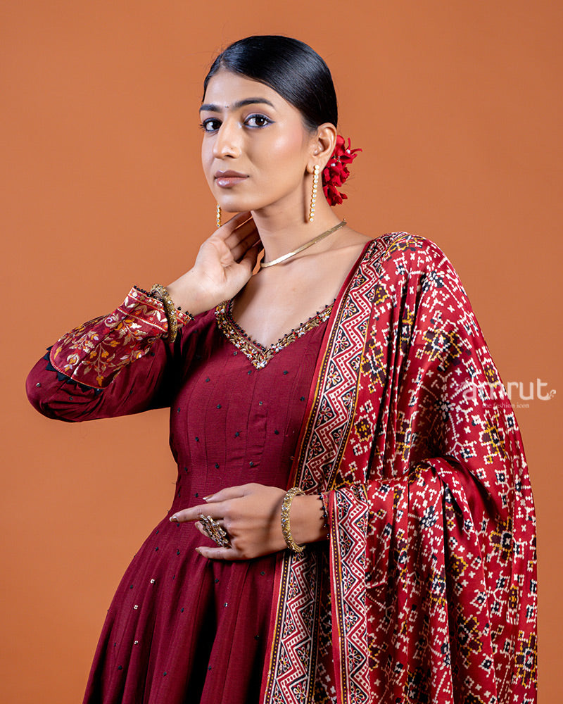 Rosy Red Anarkali Featuring Sequin Buti Embellishments and Printed Dupatta