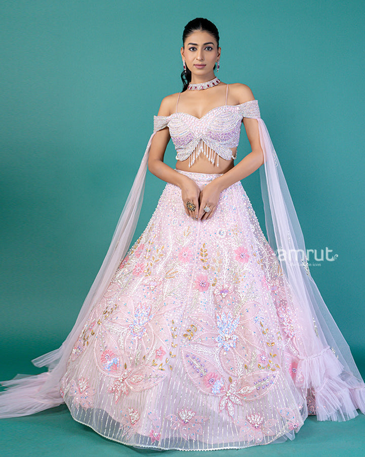 Off Shoulder Butterfly Embellished Choli with Blush Pink Lehenga and Beaded Waistband