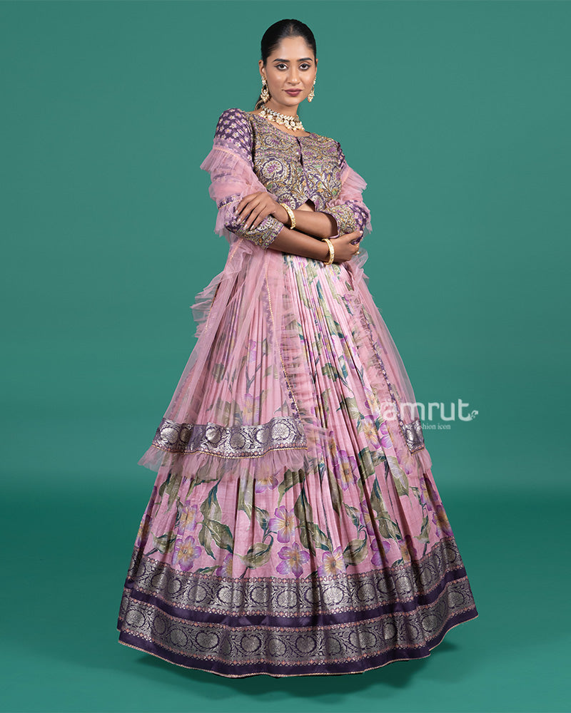 Lavender Floral Printed Embroidered Gown with Net Dupatta