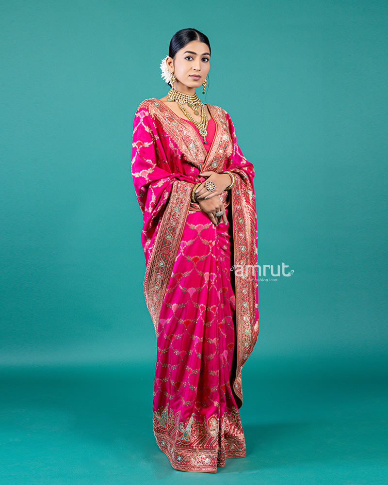 Name: Magenta Pink Zari Woven Silk Saree with Unstitched Blouse Piece