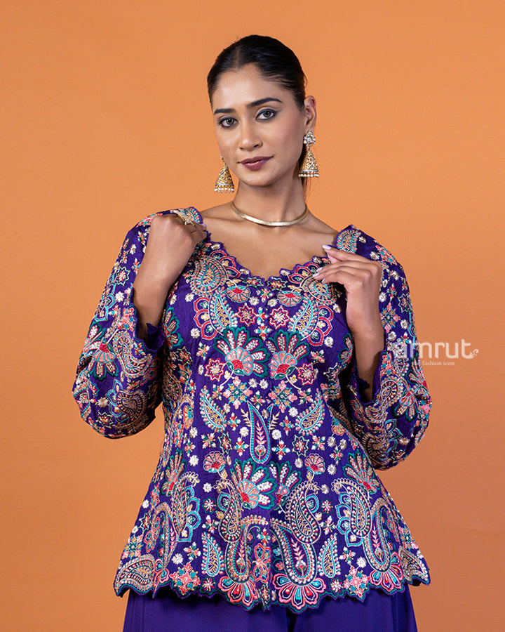 Violet Embroidered Plum Top with Flowing Sharara Pants