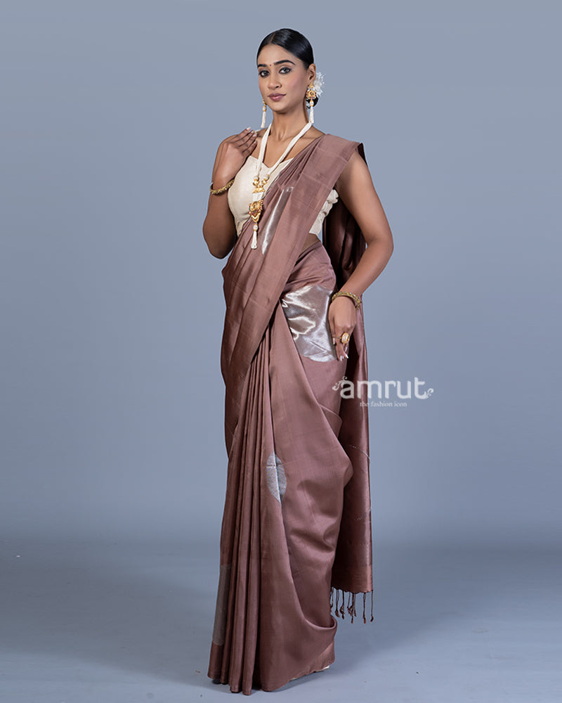 Dark Mauve Saree with Silver Zari Woven Detailing with Unstitched Blouse