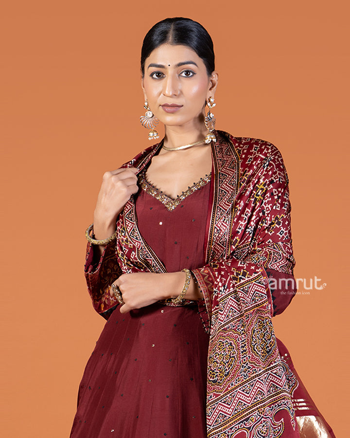 Red Gown Featuring Sequin Buti Embellishments with Printed Dupatta