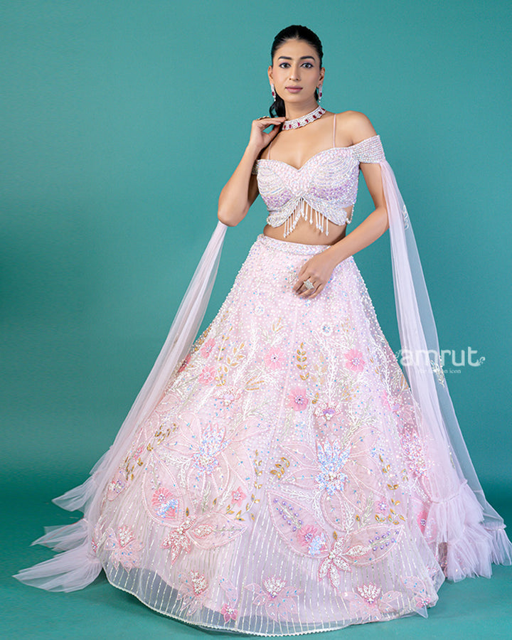 Off Shoulder Butterfly Embellished Choli with Blush Pink Lehenga and Beaded Waistband