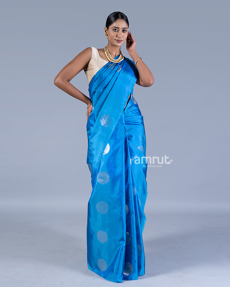 Blue Silver Zari Woven Round Motifs Saree with unstitched blouse