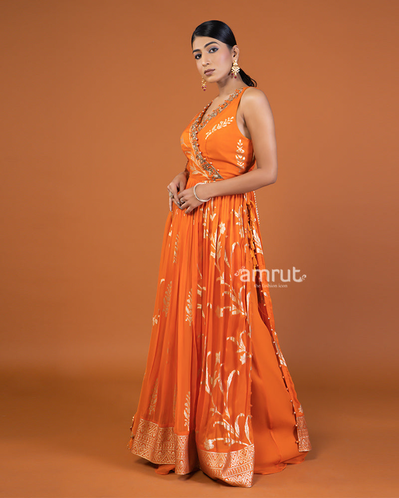 Orange Embellished Anarkali Dress with Dupatta