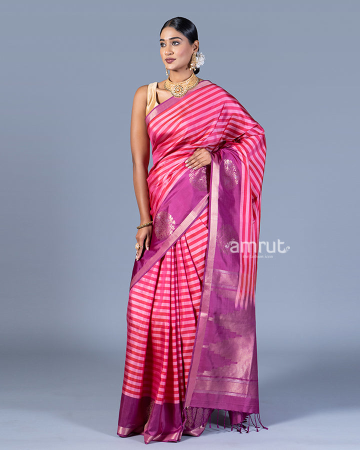 Pink and Purple Striped Saree with Unstitched Blouse