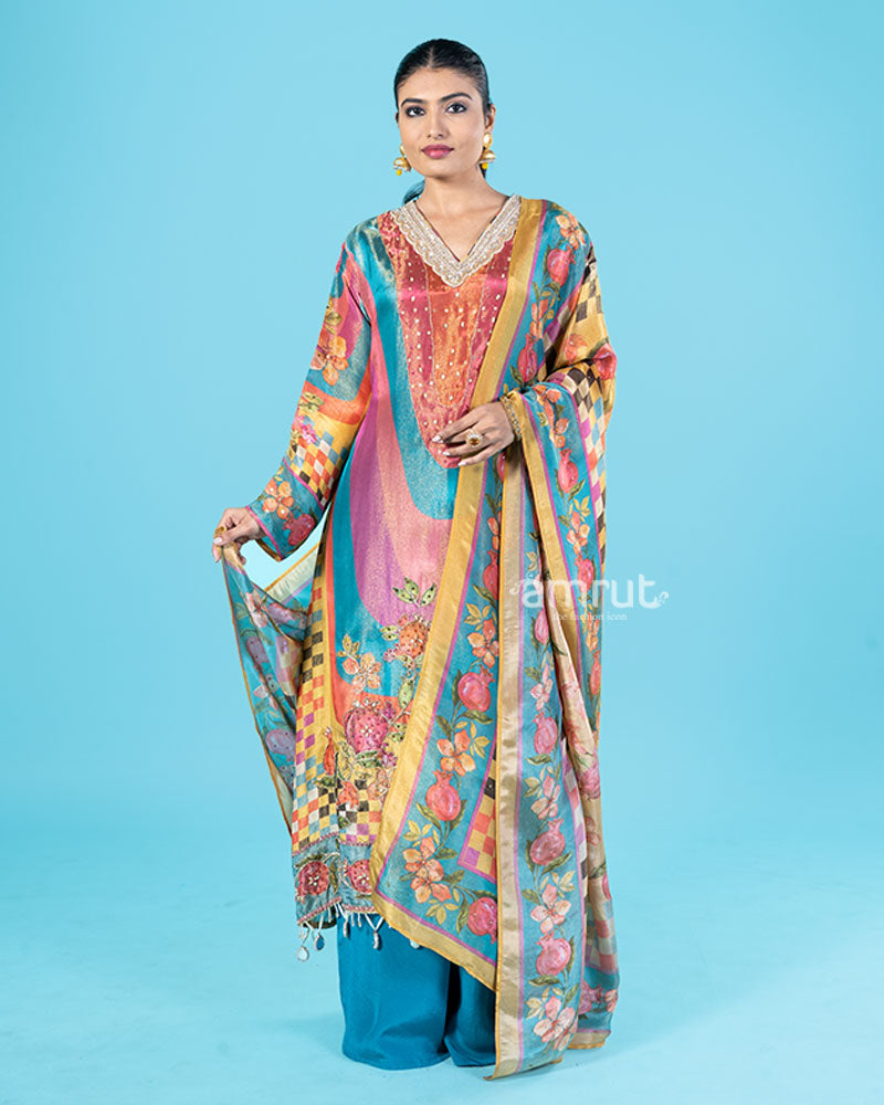 Vibrant Teal, Pink, and Orange Salwar Kameez with Mustard Yellow Floral Dupatta