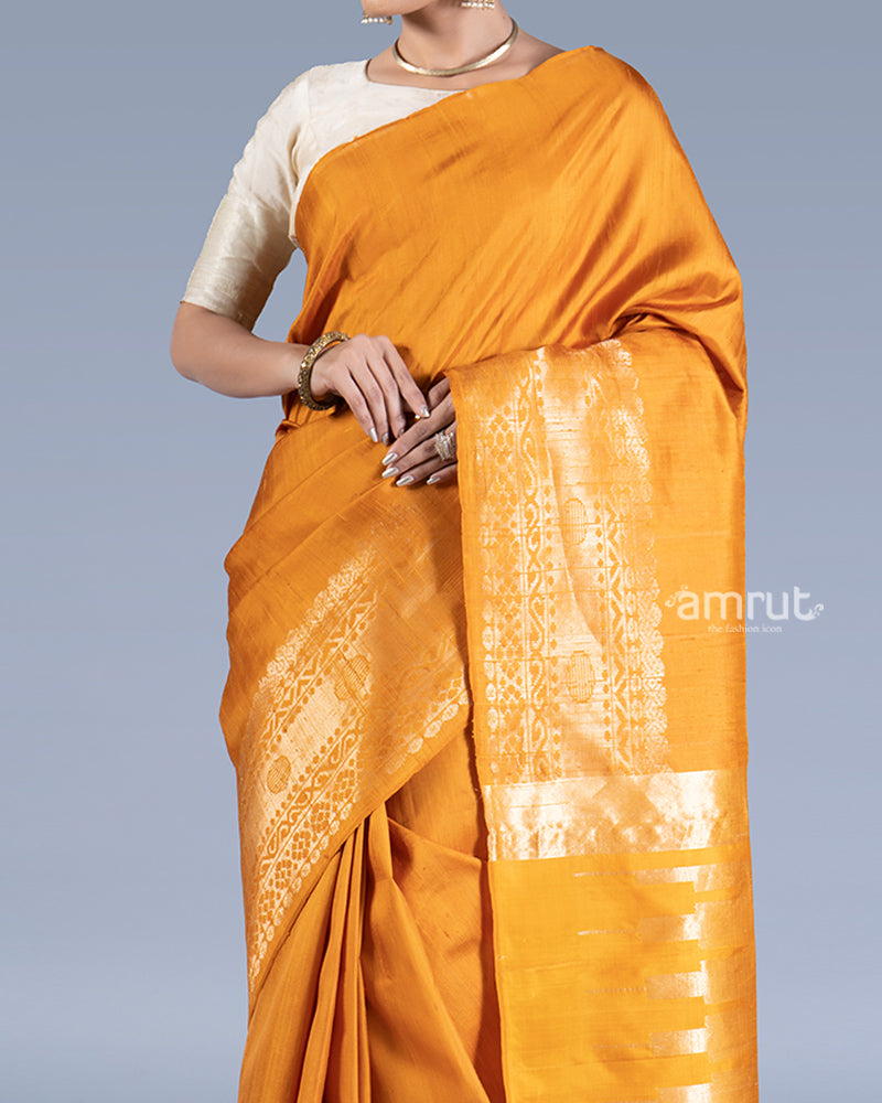 Mustard-Orange with Golden Zari Borders Silk Saree with unstitched blouse