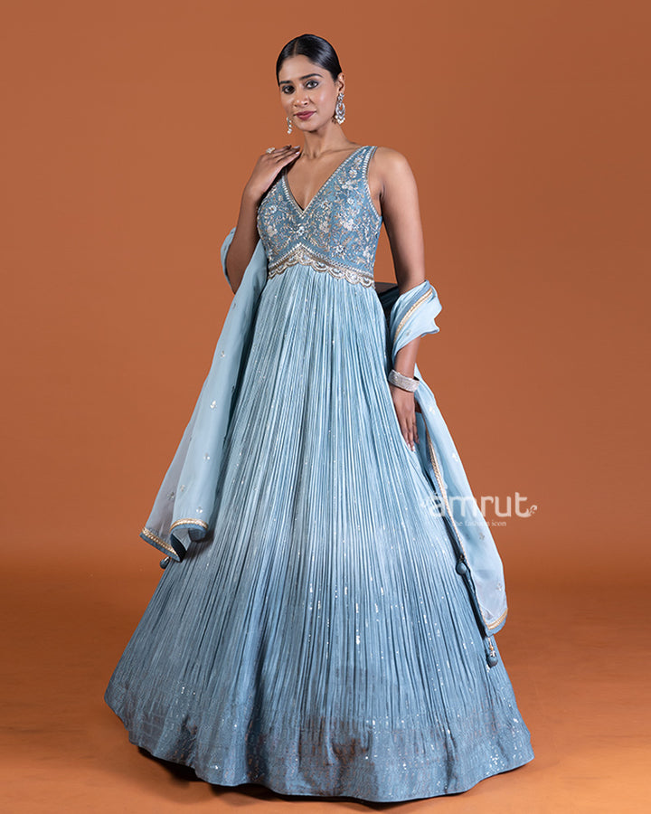 Ombre Grey Gown with Embellished Bodice and Dupatta