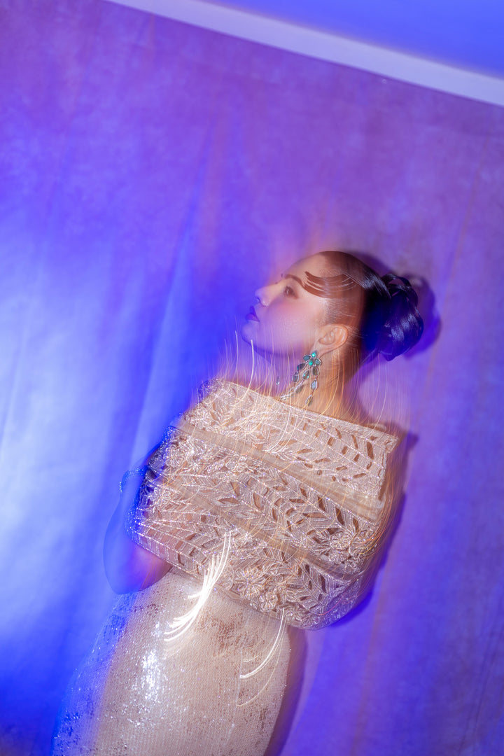 Champagne Gold Sequin Co-Ord Set with Embellished Cape Top