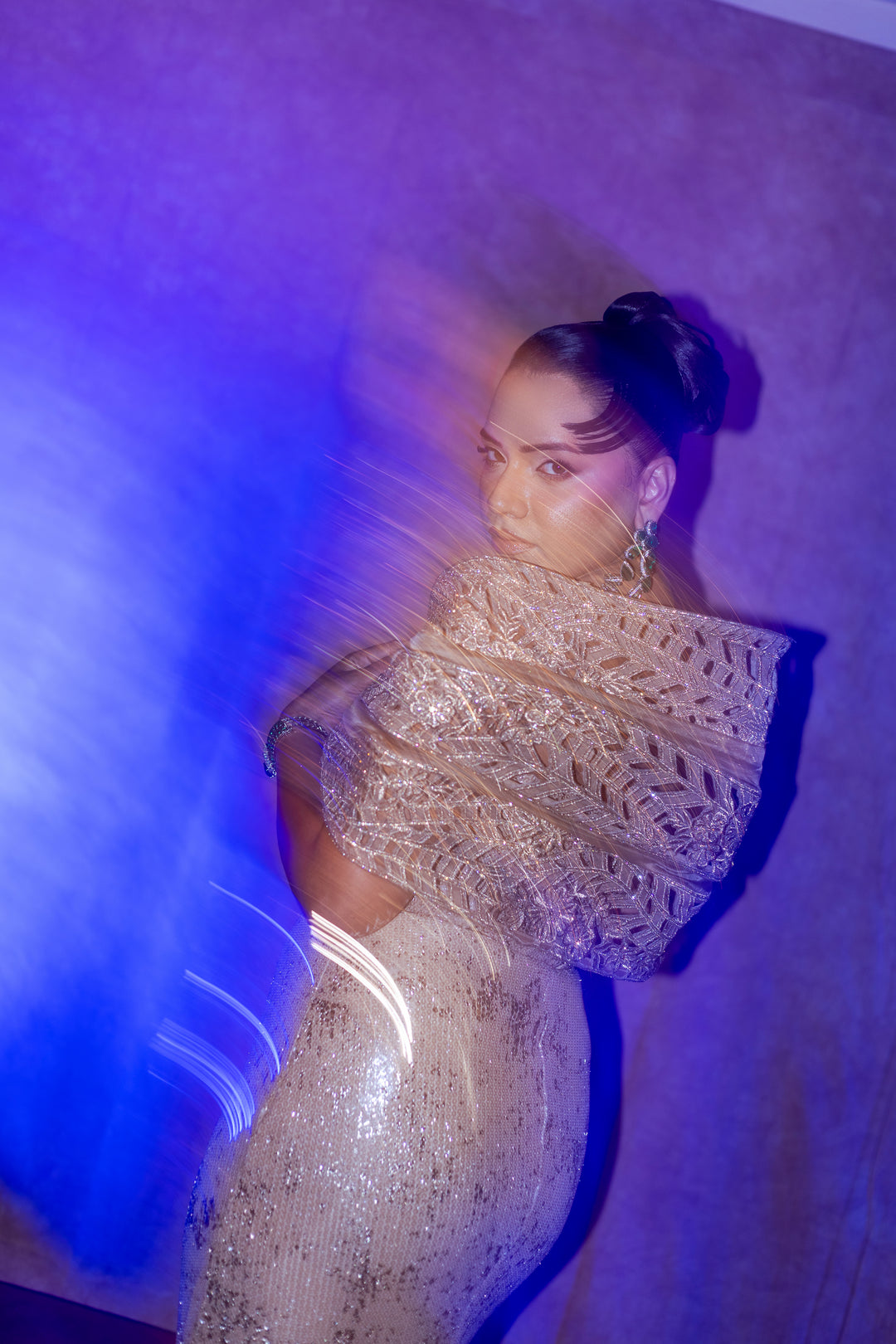 Champagne Gold Sequin Co-Ord Set with Embellished Cape Top