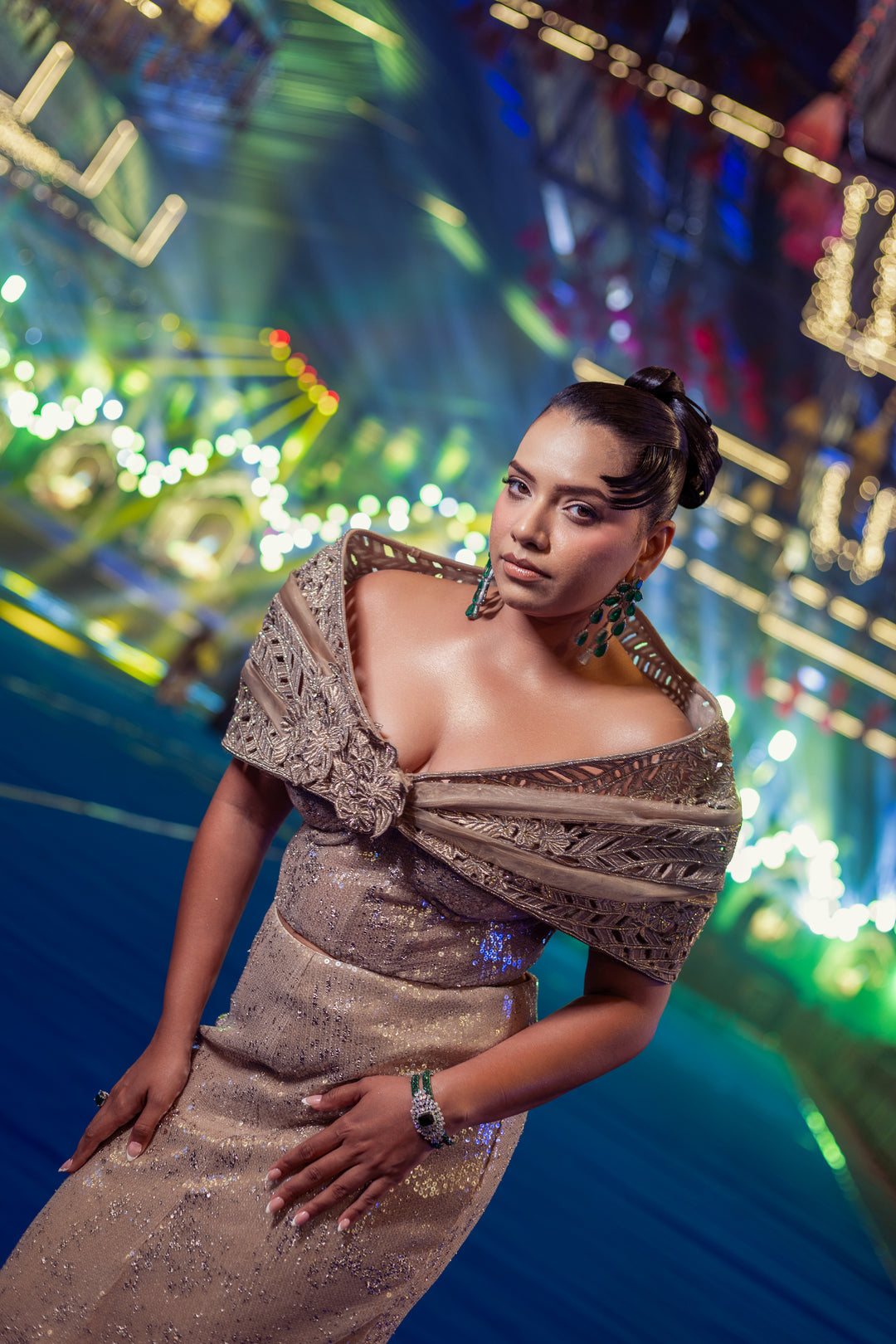 Champagne Gold Sequin Co-Ord Set with Embellished Cape Top