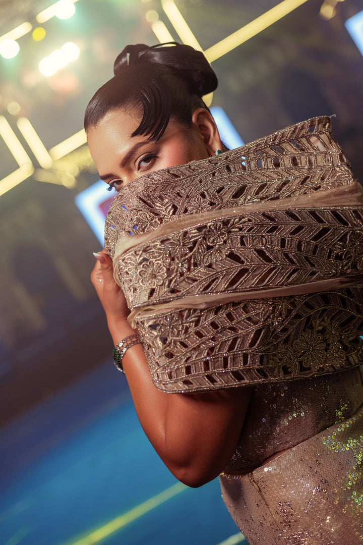 Champagne Gold Sequin Co-Ord Set with Embellished Cape Top