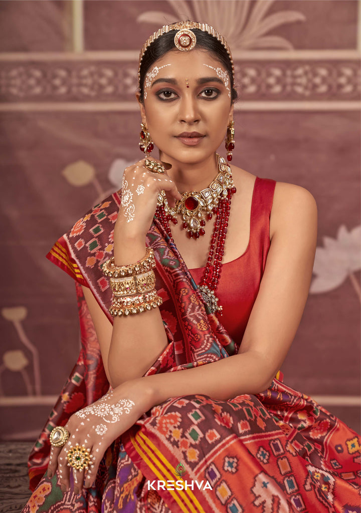 Red & Green Patan Patola Silk Saree with Multicolour Ikat Weave P43