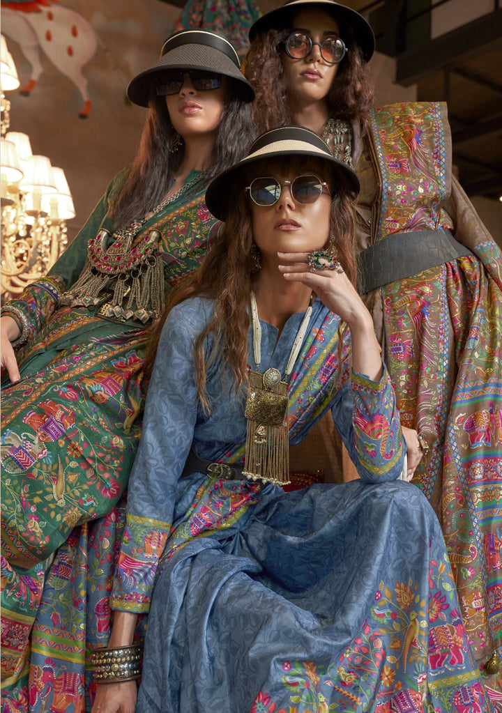 Mocha Brown Pashmina Prints Inspired Designer Saree with Folk Motifs