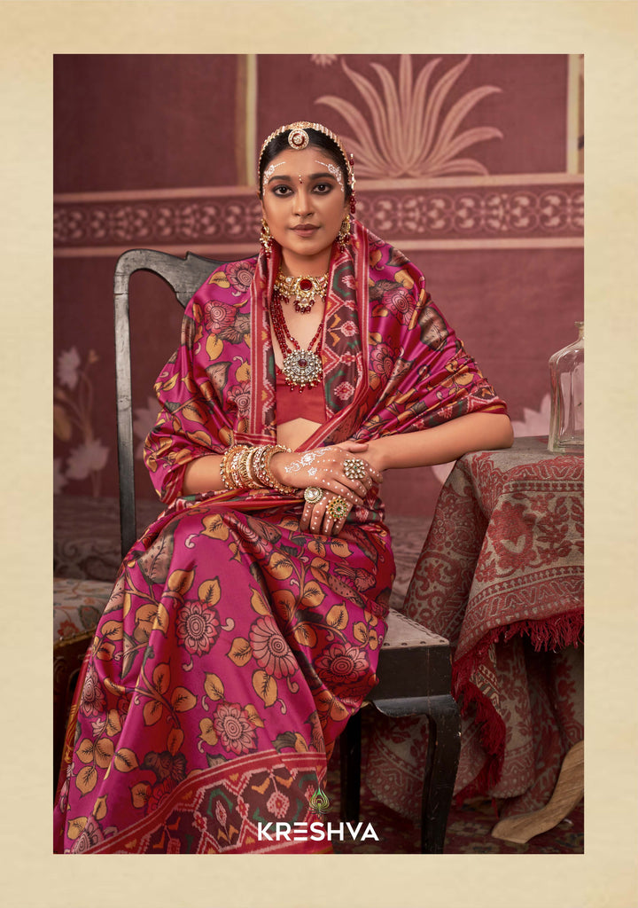 Pink & Maroon Patan Patola Silk Saree with Multicolour Ikat Weaving P75