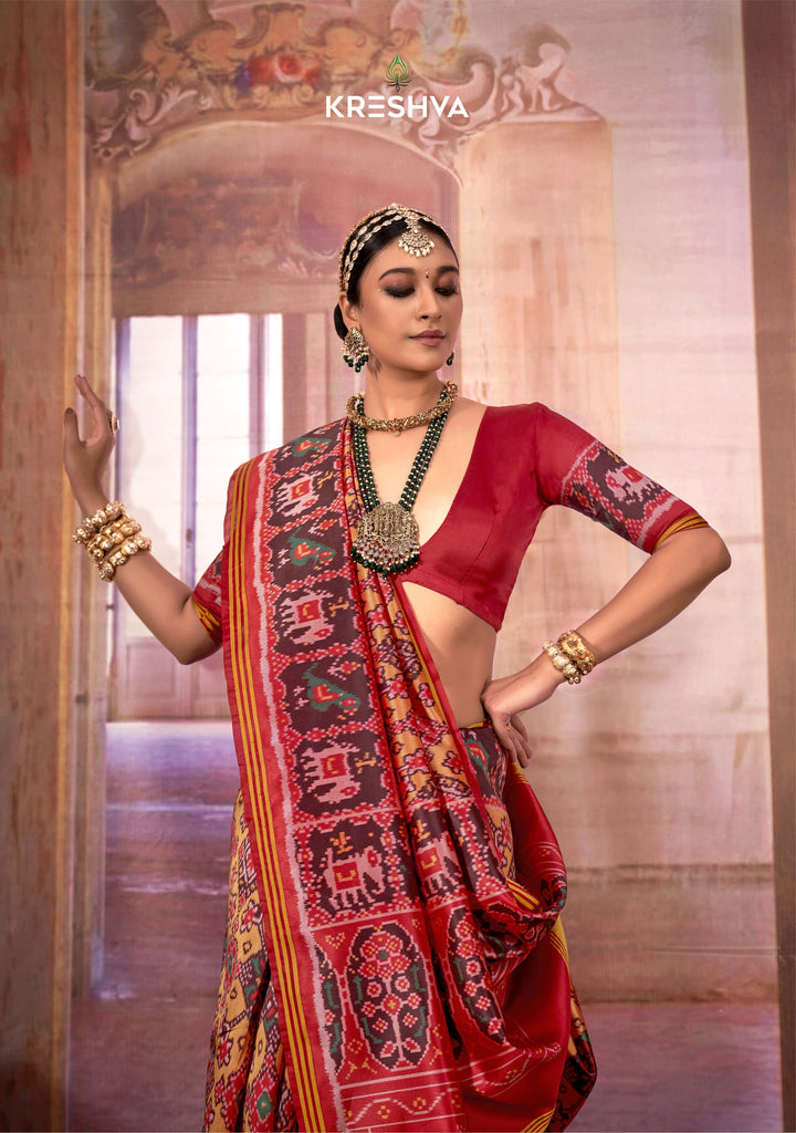 Red & Green Patan Patola Soft Silk Saree with Royal Ikat Weaving P09