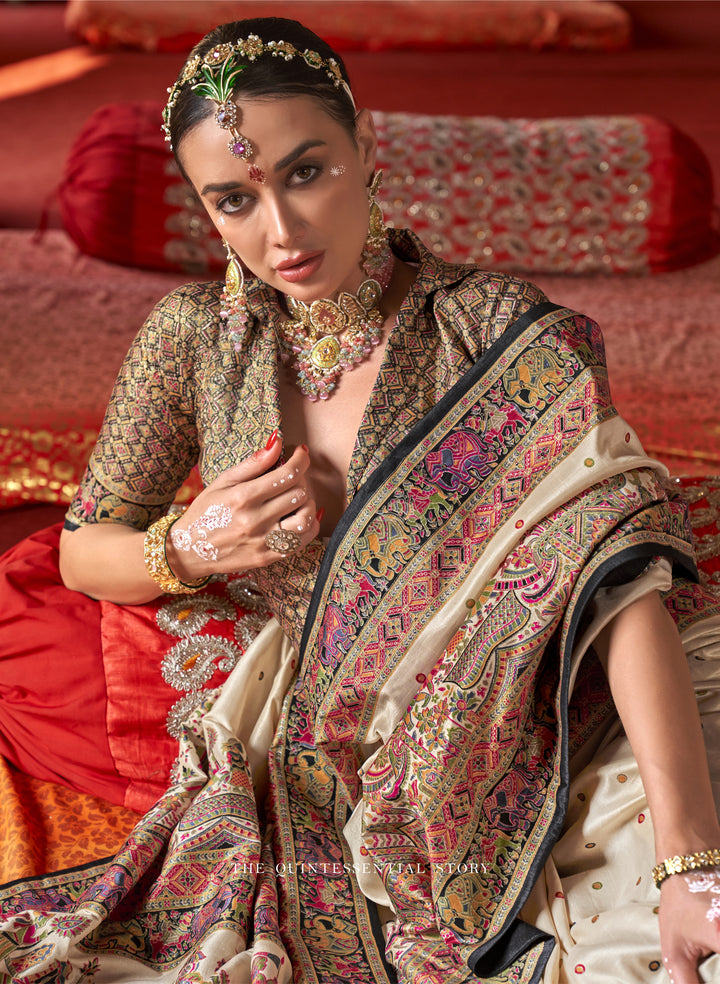 Royal Rajtilak  Pashmina Inspired Heritage Print Cream Saree with Traditional Folk Border