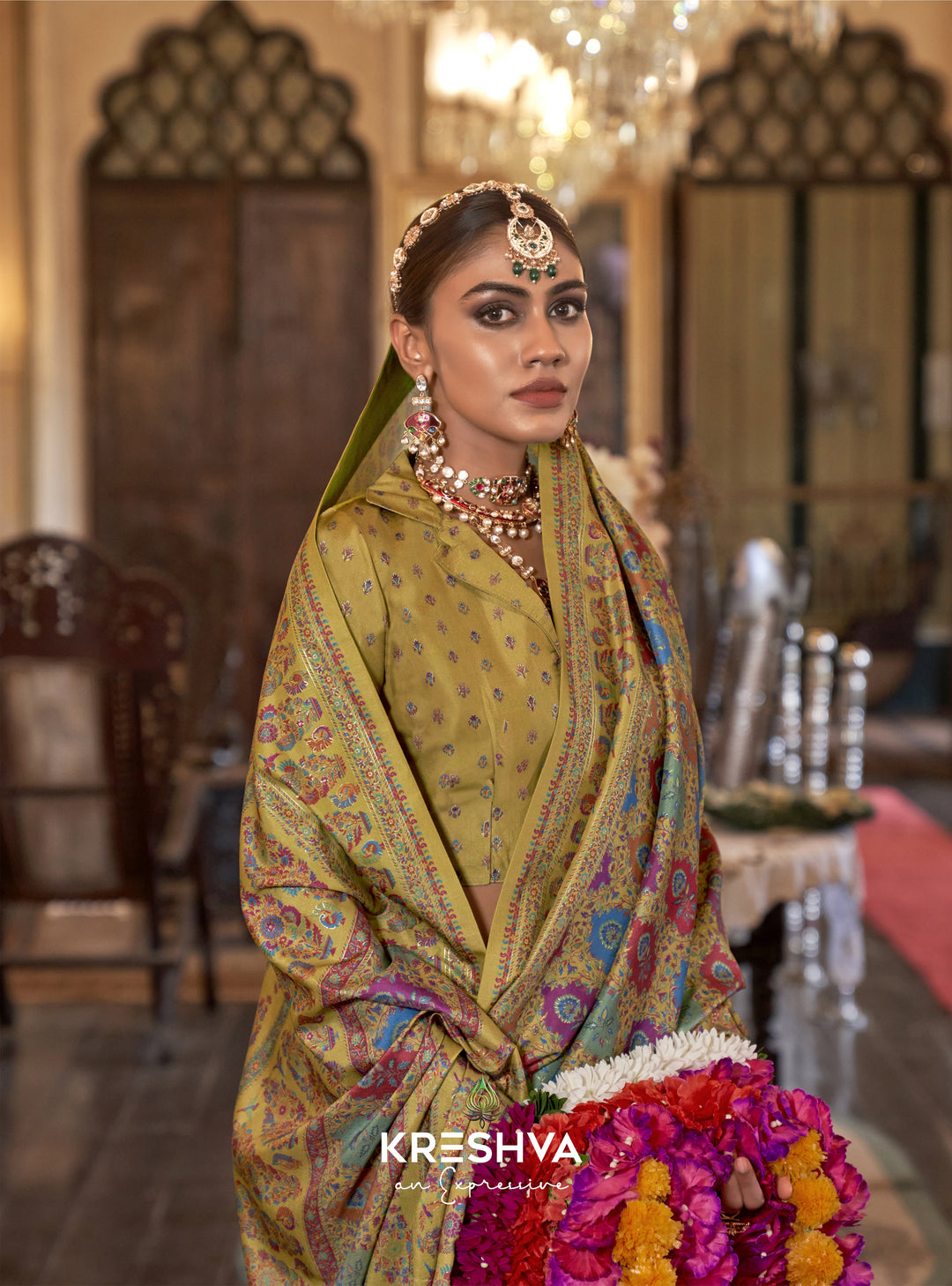 Mustard Green Pashmina Inspired Heritage Designer Saree