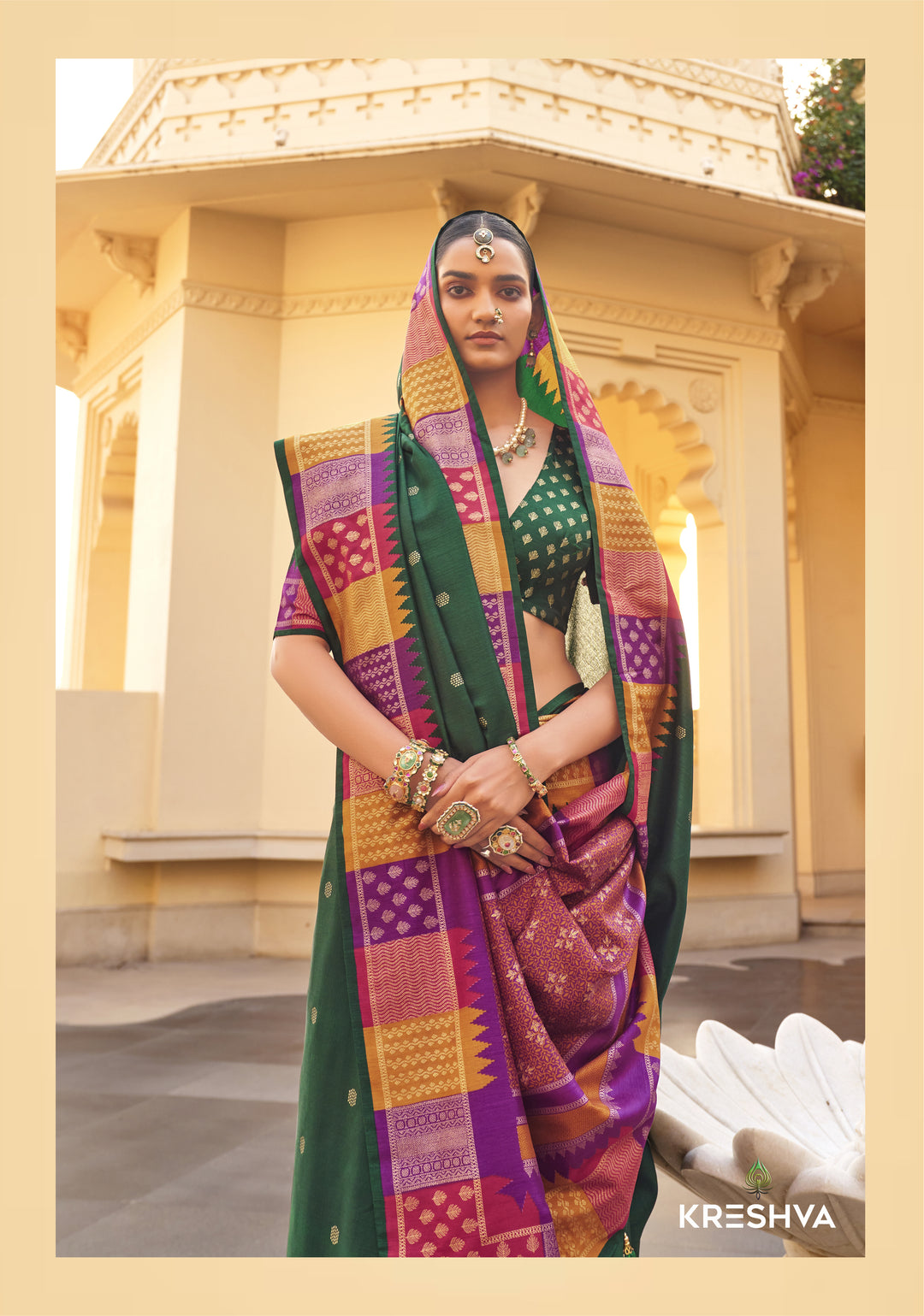 Emerald Green Designer Silk Saree with Contrast Woven Zari Border & Rich Traditional Pallu
