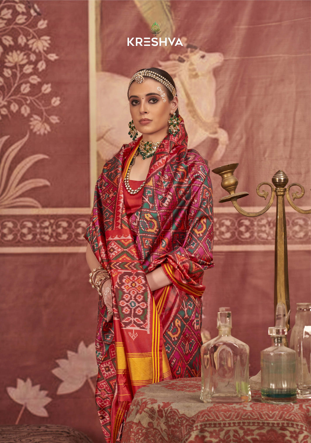 Red & Green Patola Soft Silk Saree with Traditional Ikat Weaving P25