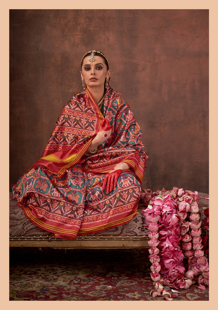 Teal Green & Maroon Signature Patan Patola Soft Silk Saree with Multicolour Ikat Weaving P85
